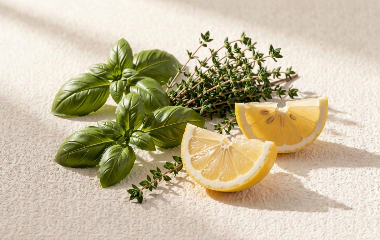 Frische Kräuter und Zitrusfrüchte